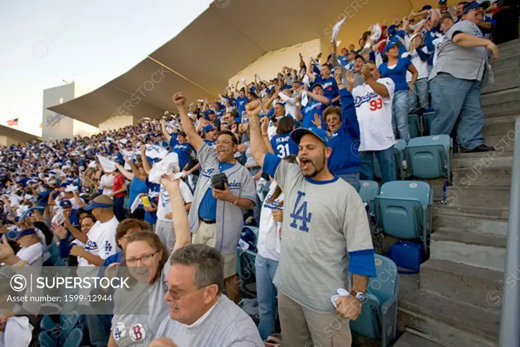 Dodger fans cheering during National League Championship Series (NLCS), Dodger Stadium, Los Angeles, CA on October 12, 2008