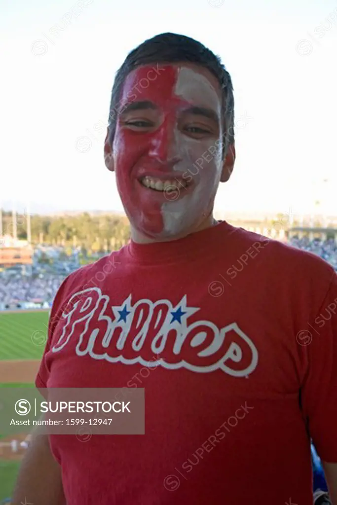 Philadelphia Phillies fan in red and white face at National League Championship Series (NLCS), Dodger Stadium, Los Angeles, CA on October 12, 2008