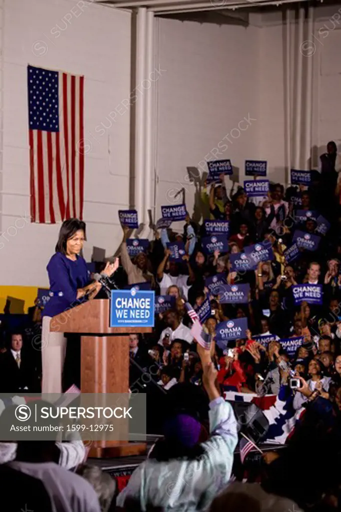 Michelle Obama speaking in front of African American audience during Barack Obama Presidential Rally, October 29, 2008 in Rocky Mount High School, North Carolina