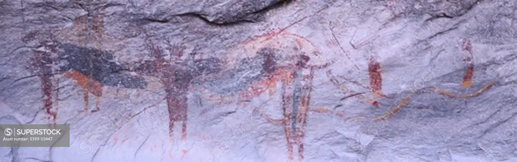 Panoramic view of Petroglyphs of stick figures from Atlati Rock, NV