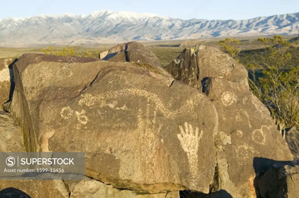 Three Rivers Petroglyph National Site, a (BLM) Bureau of Land Management Site, features an image of a hand, one of more than 21,000 Native American Indian petroglyphs and examples of prehistoric Jornada Mogollon rock art, off Route 54, South of Carrizozo, New Mexico