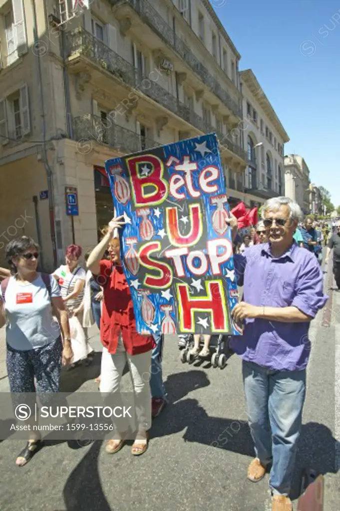 Parade demonstration against war in Irag, Anti-George W. Bush Sign, Avignon, France
