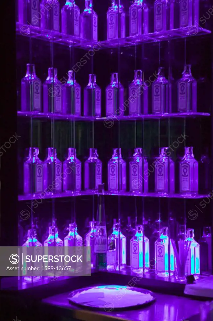 Multiple Gin bottles in purple light decorate shelves in bar in Barcelona, Spain