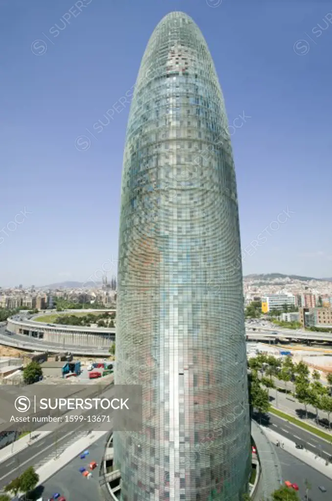 Day view of phallic-shaped Torre Agbar or Agbar Tower in Barcelona, Spain, designed by Jean Nouvel, September 2005