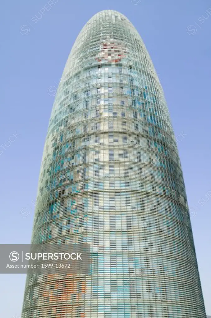 Day view of phallic-shaped Torre Agbar or Agbar Tower in Barcelona, Spain, designed by Jean Nouvel, September 2006