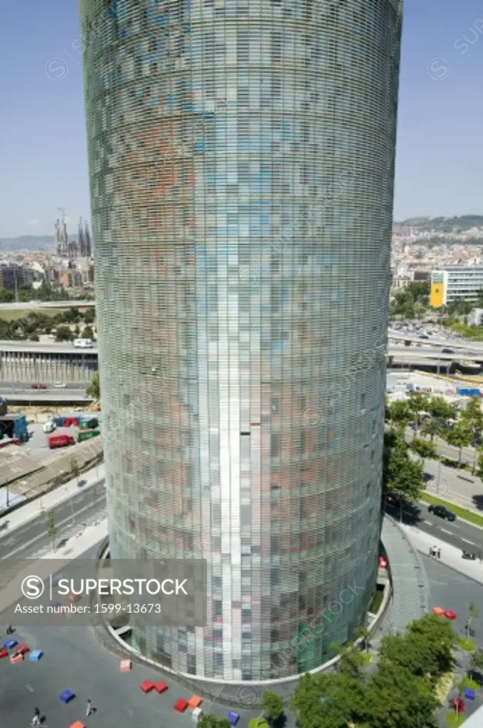 Day view of phallic-shaped Torre Agbar or Agbar Tower in Barcelona, Spain, designed by Jean Nouvel, September 2007