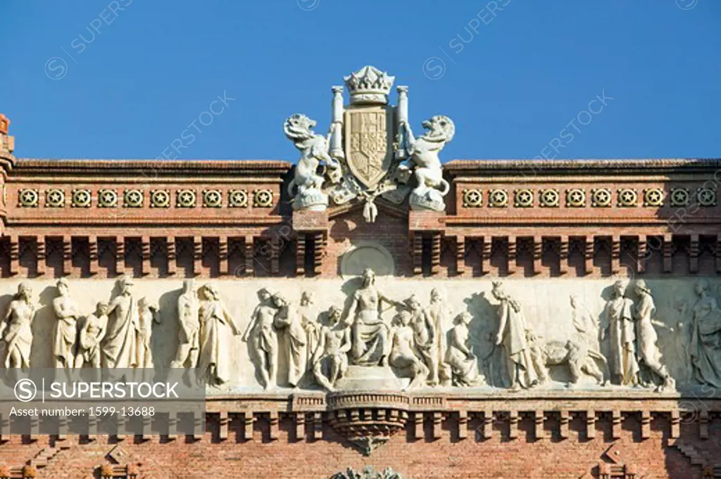 Detail shot of Arc de Triumf: L'Arc de Triumph, by Josep Vilaseca I Casanovas, in Barcelona, Spain was built in 1888 as part of the Universal Exposition