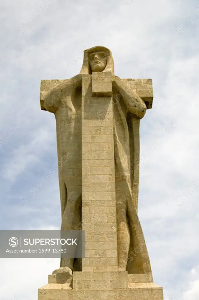 Monumento a Cristobal Colón, a huge monument of Christopher Columbus by American architect G.V. Whitney, situated at the Punta de Sebo overlooking the confluence of the Odiel and Tinto rivers, Huelva Province, Andalucia, Spain