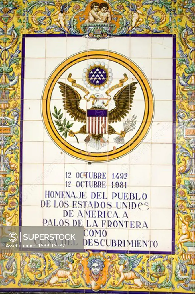 Tile sign along the Avenida de America reads, 'Homage of the people of the United States of America to Palos de la Frontera, cradle of the discovery', Palos de la Frontera, Huelva, Southern Spain