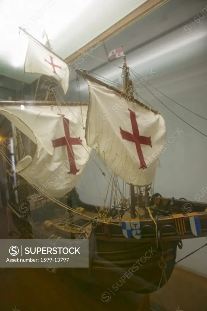A replica of the Santa Maria sailing ship at 15th-century Franciscan Monasterio de Santa María de la Rábida, Palos de la Frontera, a Heritage of Mankind Site in the Huelva Provence of Andalucia and Southern Spain, the seaside spot where Christopher Columbus planned and departed from the Old World to the New World in August 3 of 1492
