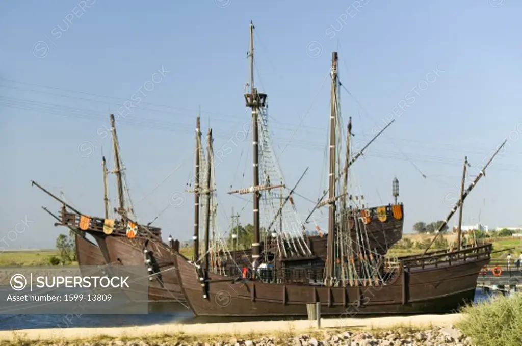 Full size replicas of Christopher Columbus' ships, the Santa Maria, the Pinta or the Niña at Muelle de las Carabelas, Palos de la Frontera - La Rábida, the Huelva Provence of Andalucia and Southern Spain, the site where Columbus departed from the Old World to the New World in August 3 of 1492