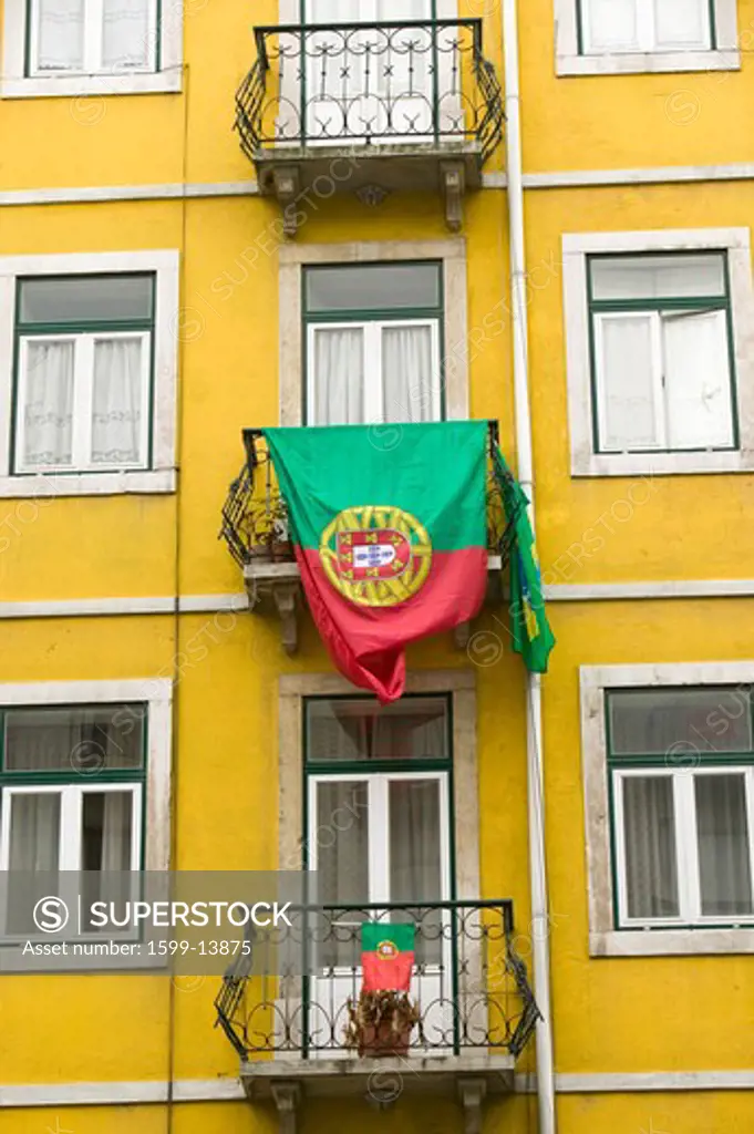 Portuguese flag is displayed from apartment balcony in Lisboa, Lisbon, Portugal, in support of World Cup Soccer