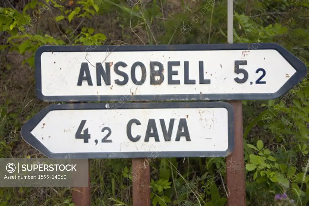 Road signs to Ansobell and Cava Medieval villages in Pyrenees Mountains, near La Seu d'Urgell, Cataluna, province of Lleida, off N-260 Road, Spain, Europe