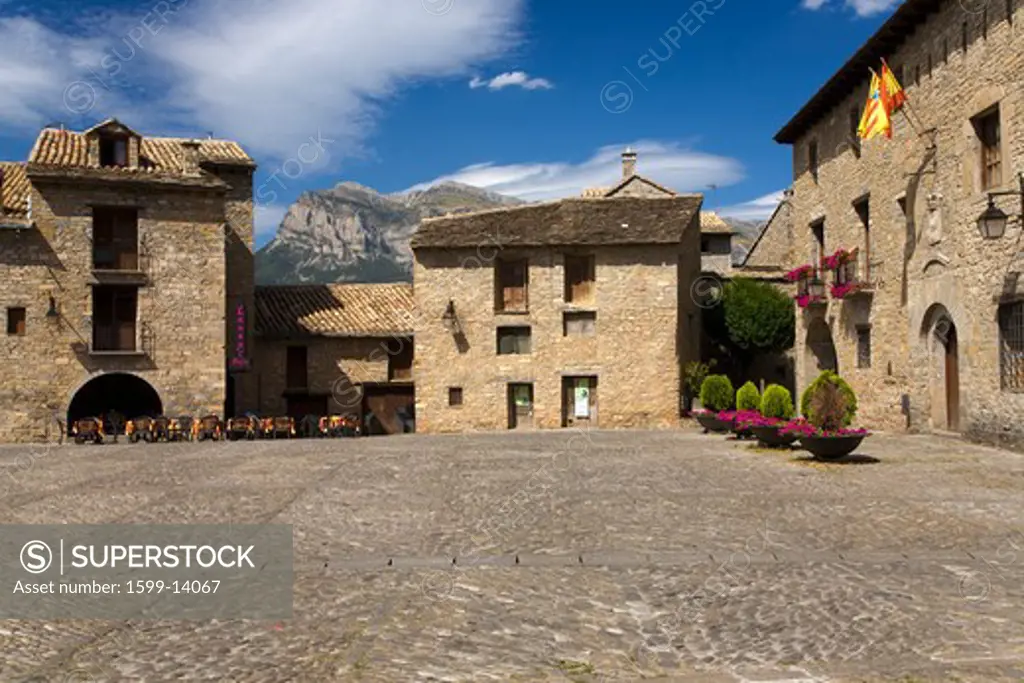Plaza Mayor, in Ainsa, Huesca, Spain in Pyrenees Mountains, an old walled town with hilltop views of Cinca and Ara Rivers
