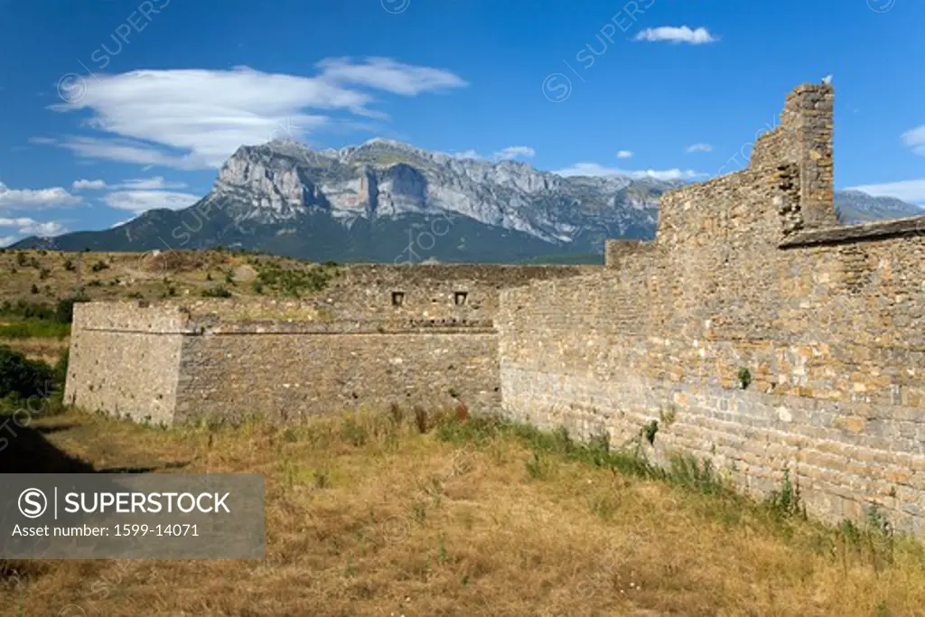 Old walls of Ainsa, Huesca, Spain in Pyrenees Mountains, an old walled town near Parque National de Ordesa
