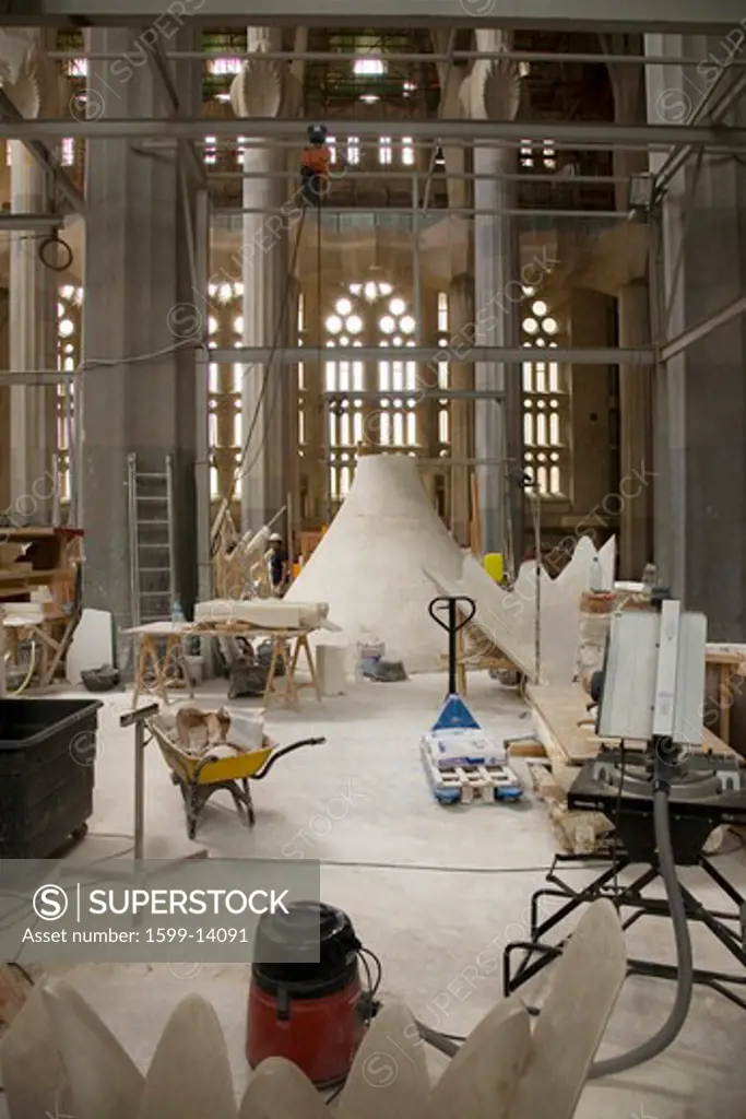 Interior view of construction of Sagrada Familia Holy Family Church by architect Antoni Gaudi, Barcelona, Spain begun in 1882 and continuing to be built into the 21st Century