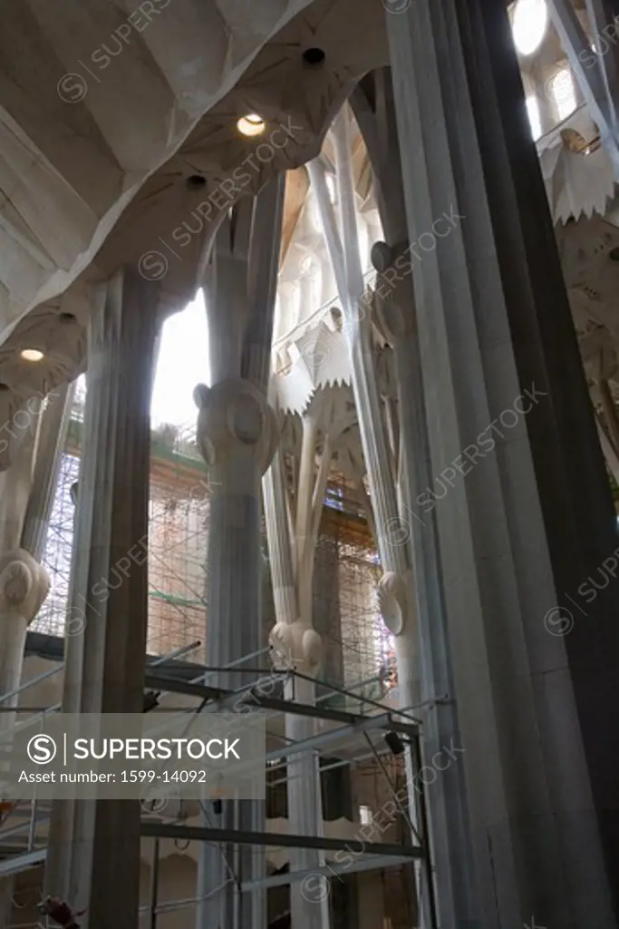 Interior view of construction of Sagrada Familia Holy Family Church by architect Antoni Gaudi, Barcelona, Spain begun in 1882 and continuing to be built into the 21st Century