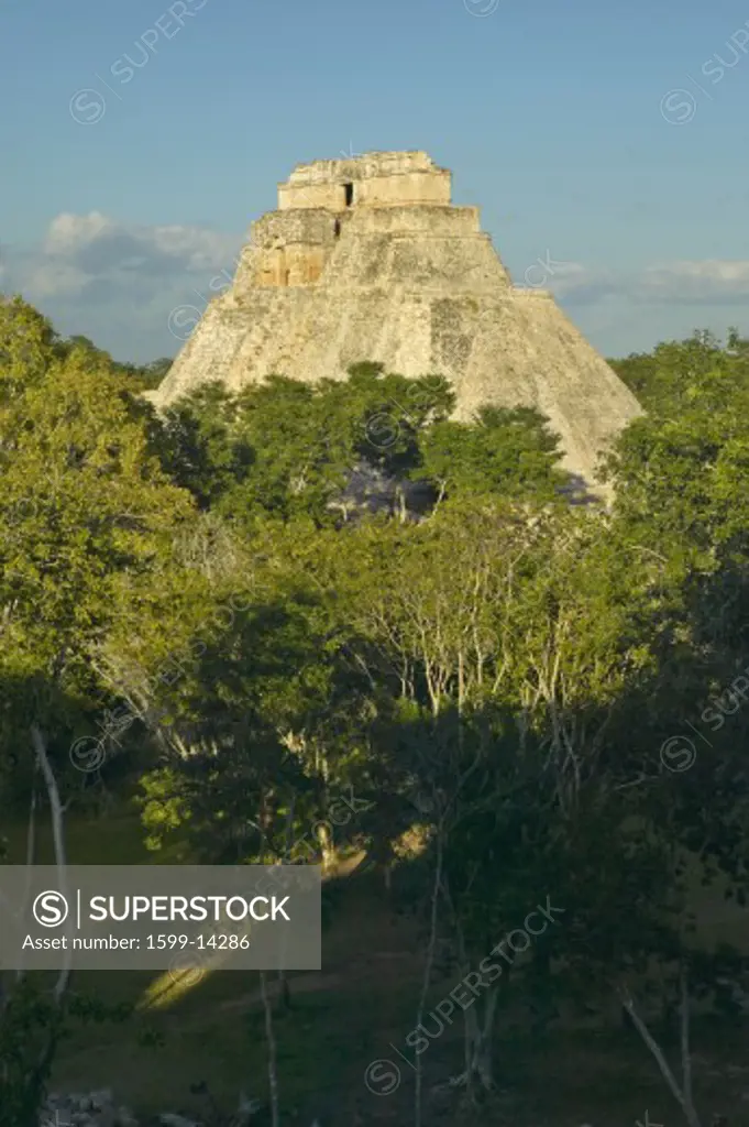 Pyramid of the Magician, Mayan ruin and Pyramid of Uxmal in the Yucatan Peninsula, Mexico at sunset