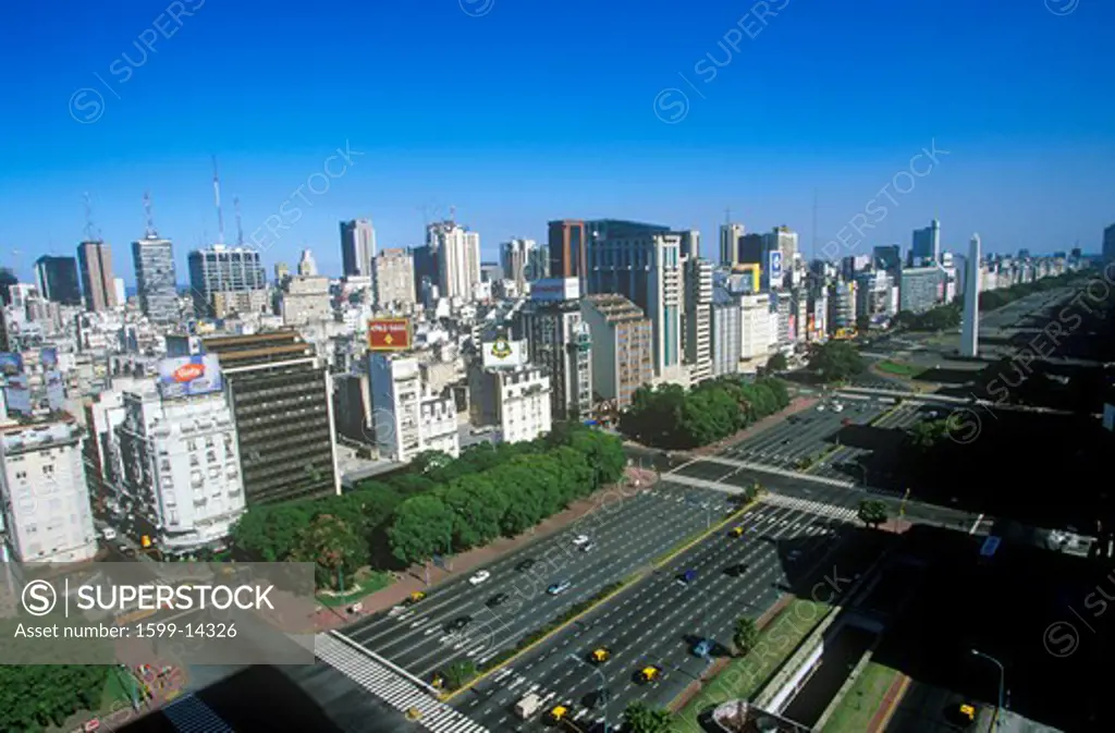 Avenida 9 de Julio, widest avenue in the world, and El Obelisco, The Obelisk, Buenos Aires, Argentina