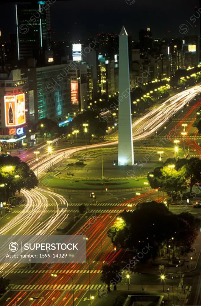 Avenida 9 de Julio, widest avenue in the world, and El Obelisco, The Obelisk at night, Buenos Aires, Argentina