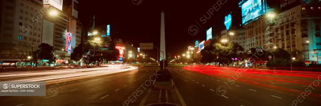 Panoramic view at night of Avenida 9 de Julio, widest avenue in the world, and El Obelisco, The Obelisk, Buenos Aires, Argentina