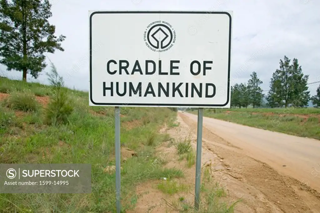 Road sign reads Cradle of Humankind, a World Heritage Site in Gauteng Province, South Africa
