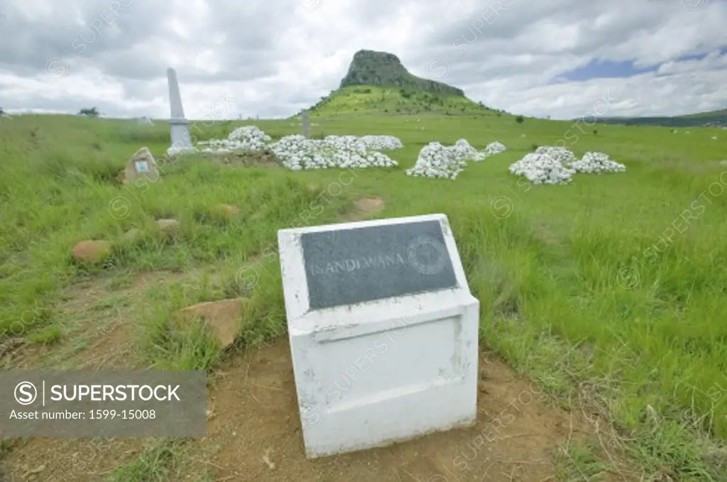 Sandlwana hill or Sphinx with soldiers graves in foreground, the scene of the Anglo Zulu battle site of January 22, 1879. The great Battlefield of Isandlwana and the Oskarber, Zululand ,northern Kwazulu Natal, South Africa