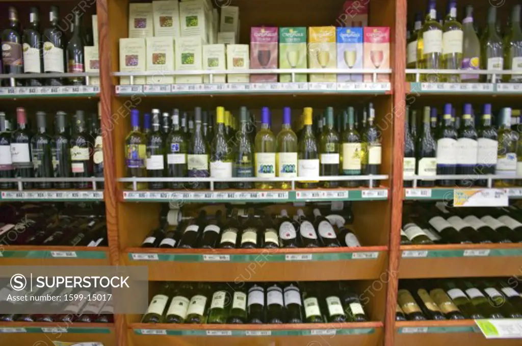 Well stocked wine shelf in grocery store in Zululand South Africa