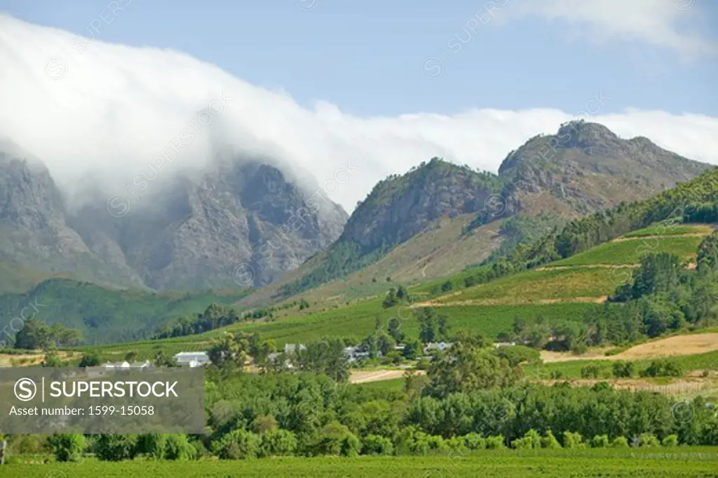 Clouds cover mountains in Stellenbosch wine region, outside of  Cape Town, South Africa
