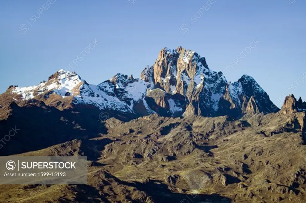 Aerial of Mount Kenya, Africa and snow in January, the second highest mountain at 17,058 feet or 5199 Meters