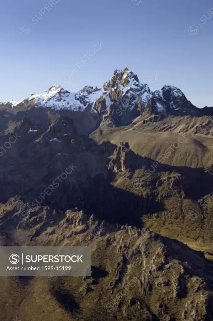 Aerial of Mount Kenya, Africa and snow in January, the second highest mountain at 17,058 feet or 5199 Meters