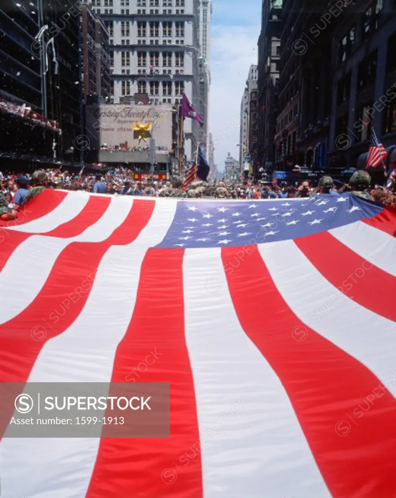 Large U.S. flag at Desert Storm Victory ticker tape parade, New York City, New York 