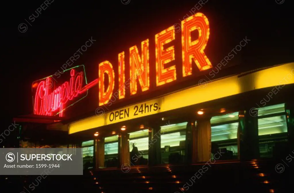 Neon diner sign at night near Hartford, Connecticut
