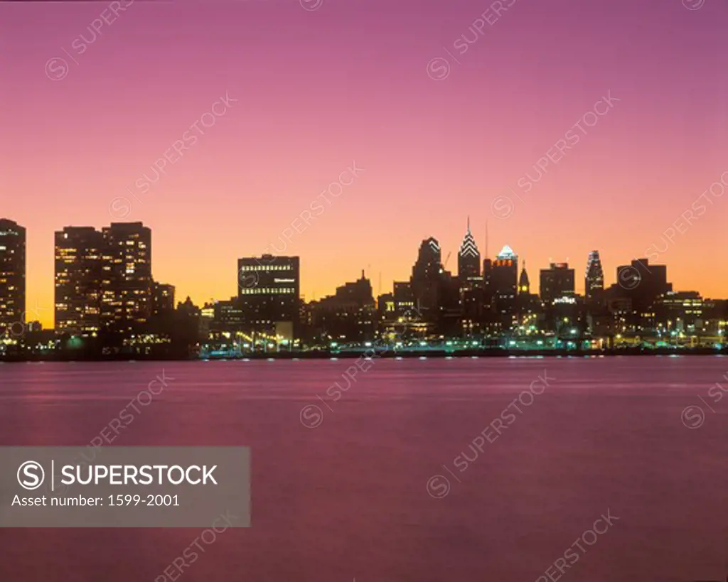 Sunset view of skyline of Philadelphia, Pennsylvania from the Delaware River