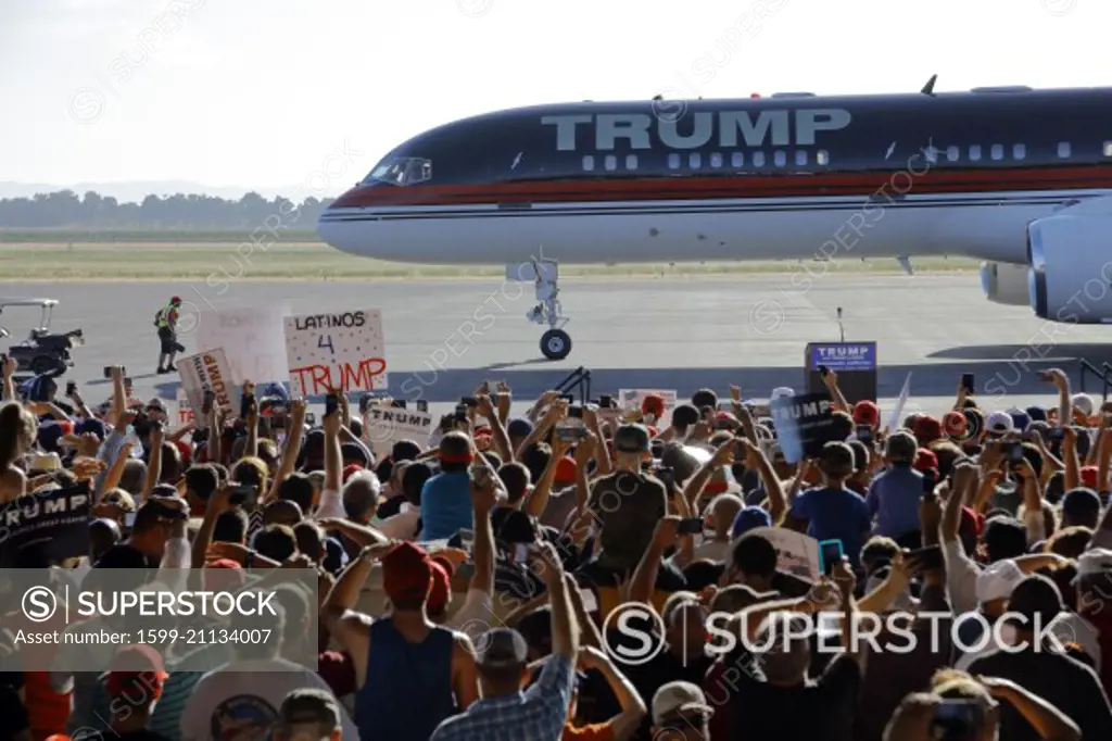 SACRAMENTO, CA - JUNE 01, 2016: Republican Presidential candidate Donald Trump arrives at a campaign rally in his  jet at airport hanger in Sacramento, California 