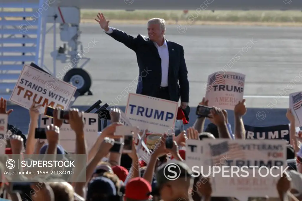 SACRAMENTO, CA - JUNE 01, 2016: Republican Presidential candidate Donald Trump arrives at a campaign rally in his  jet at airport hanger in Sacramento, California 