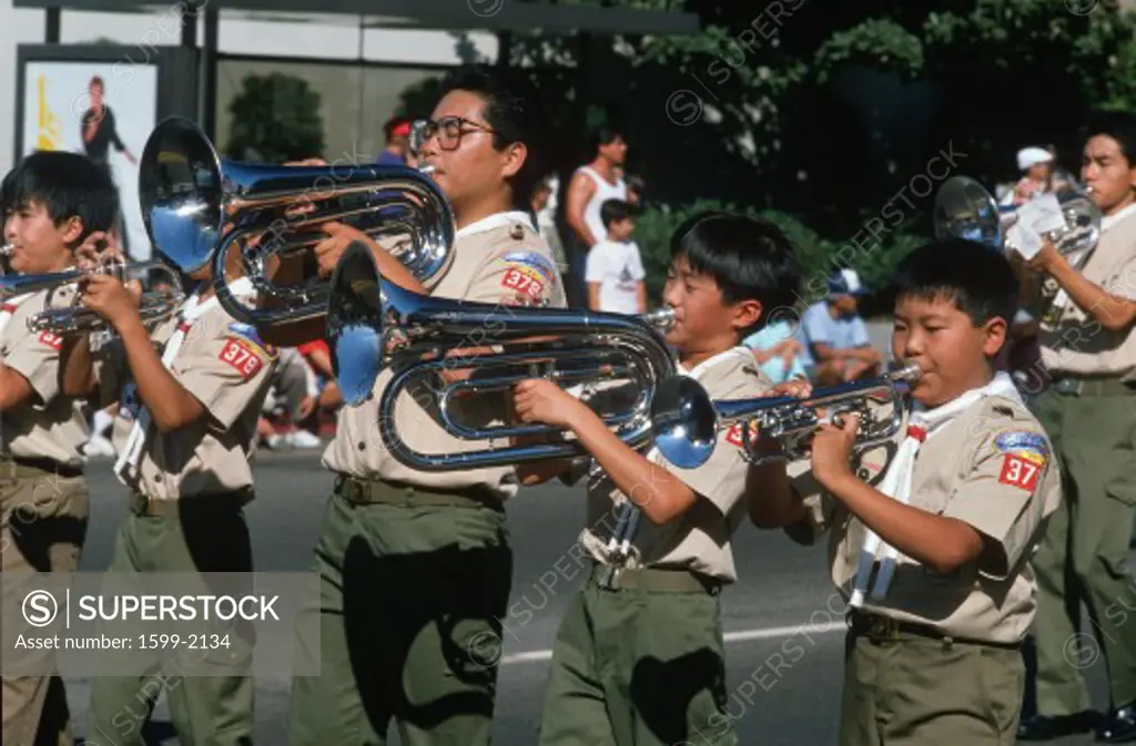 Japanese American Boy Scouts marching band, Neisi Week Parade, Little Tokyo, Los Angeles
