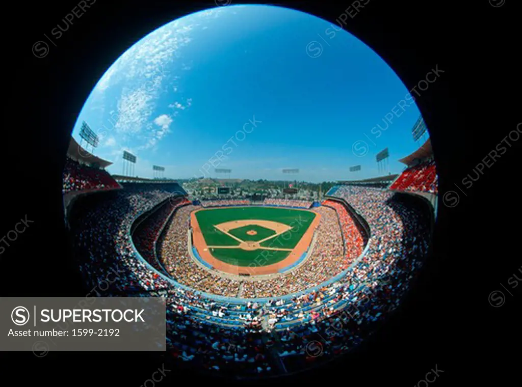 Fisheye view of stadium from the press box at Dodger Stadium, Los Angeles, California