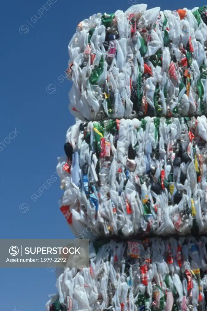 Bundles of plastic at recycling plant