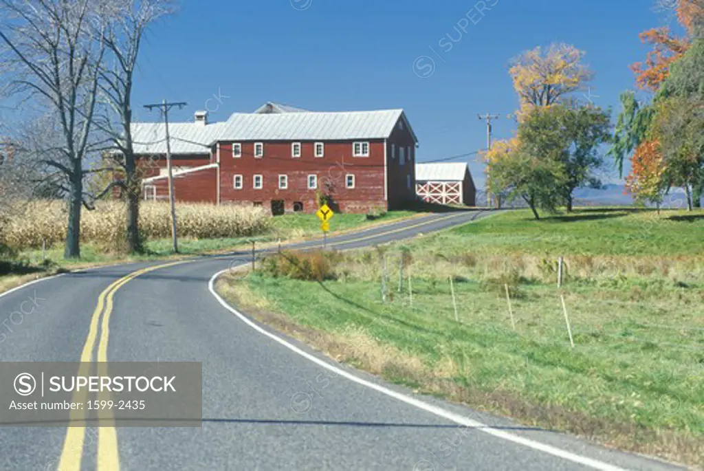 A red barn and scenic route 9G in the Hudson River Valley, NY