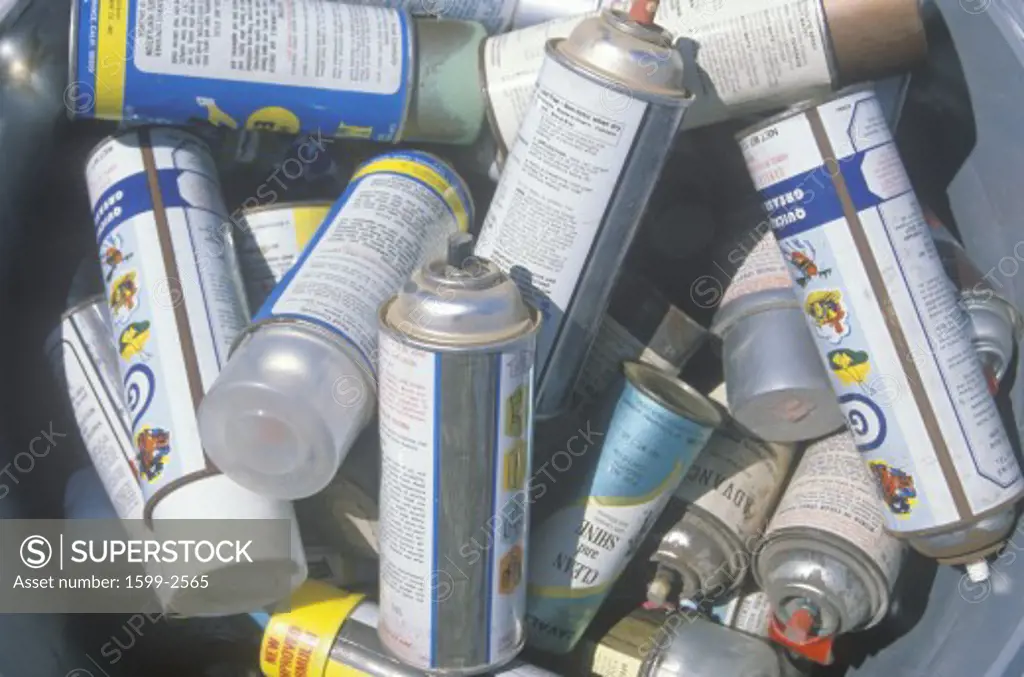 Pile of aerosol cans waiting for safe disposal at a Unocal station in Los Angeles, CA