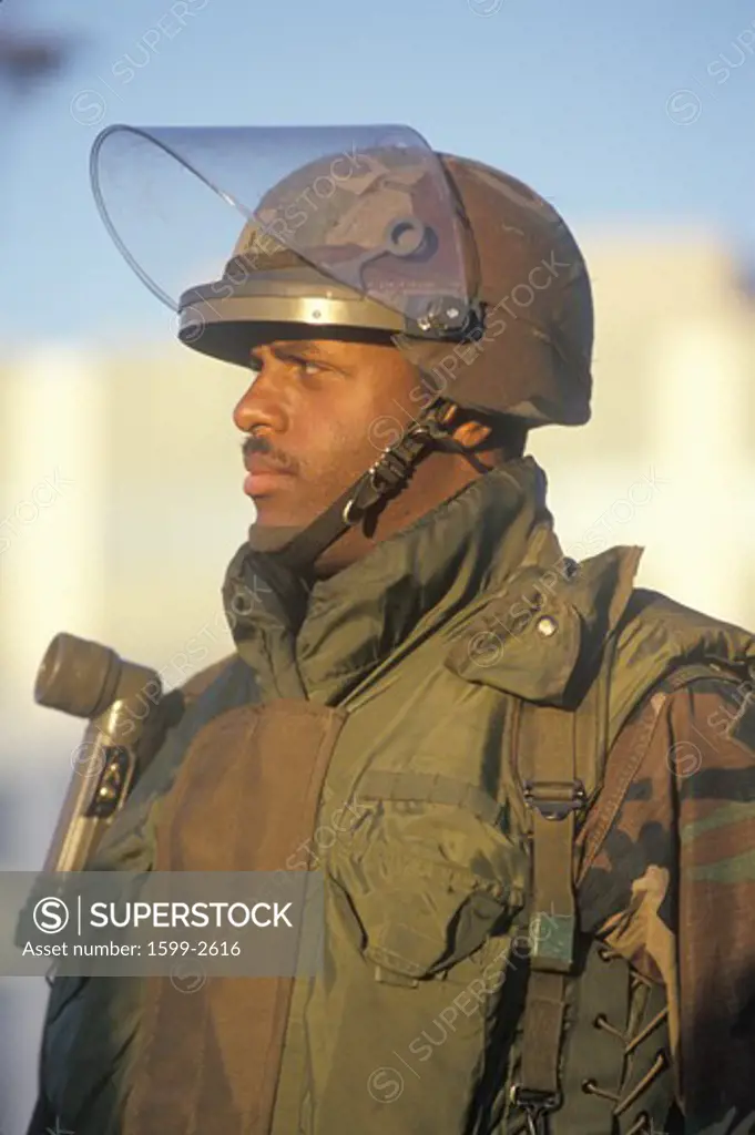 A National Guard member standing guard after the Los Angeles earthquake on January 17, 1994 