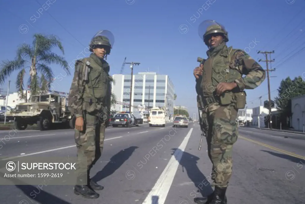 Two National Guard members in riot gear on the streets of Los Angeles after the earthquake of January 17, 1994 