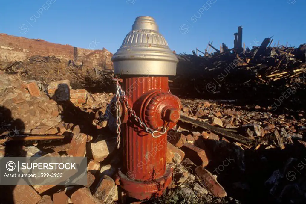 Fire hydrant at burned out building site, New Jersey