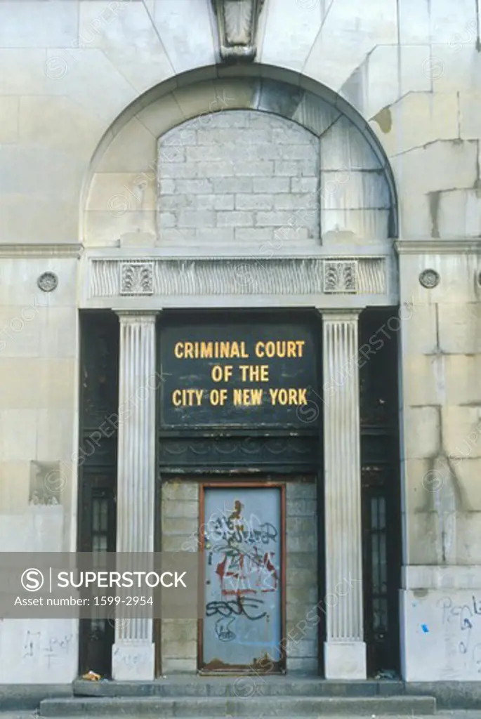 Vandalized criminal courts building, South Bronx, New York