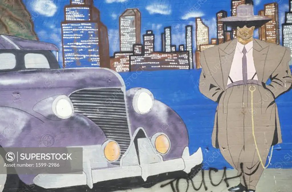 Mural of zoot suiter and car, South Central Los Angeles, California