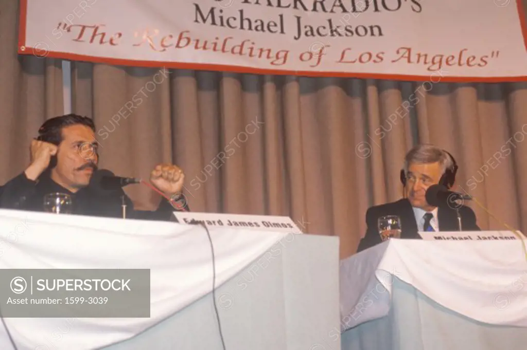 Edward James Olmos and radio host Michael Jackson during conference, South Central Los Angeles, California