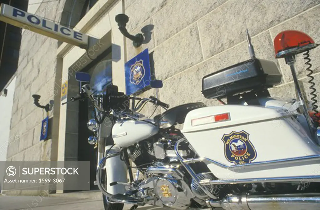 Motorcycle parked at Wilmington, Delaware police station