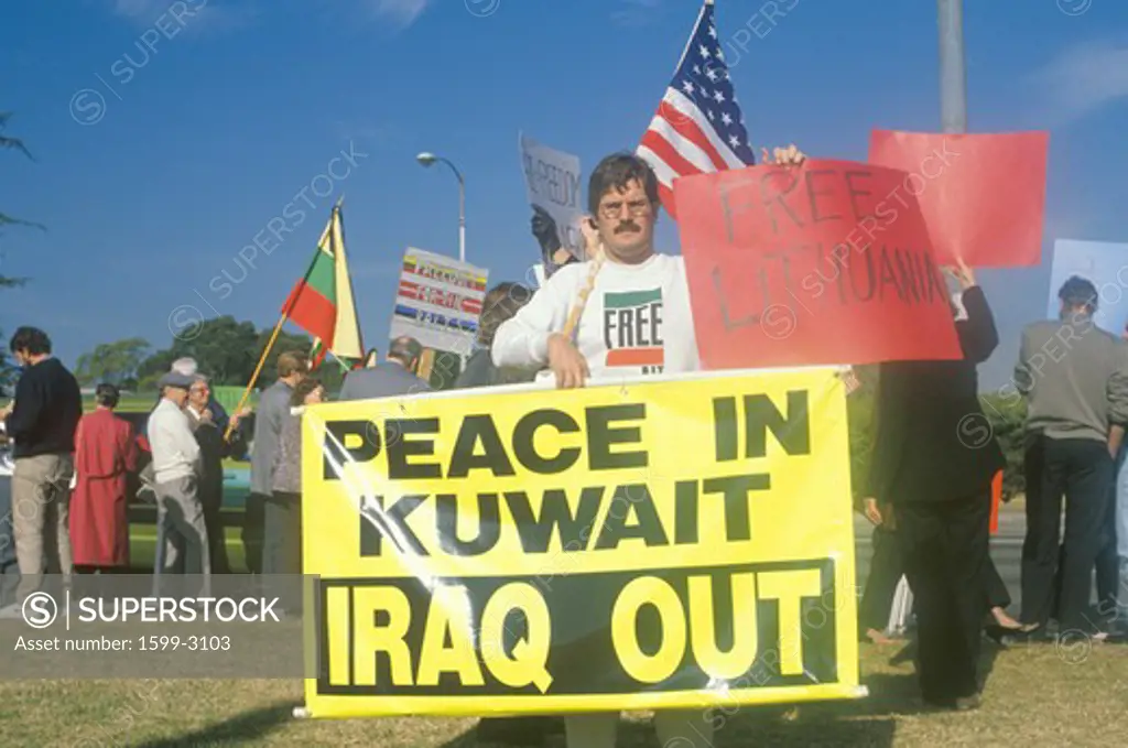 American protesting U.S. involvement in Kuwait,  Los Angeles, California