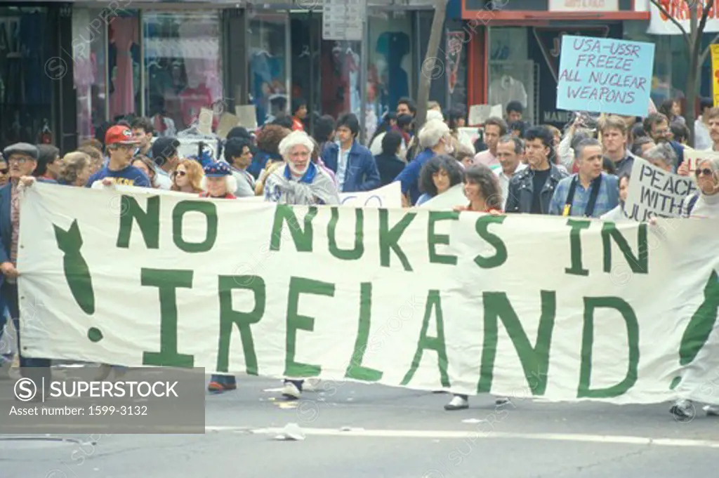 Anti-nuclear energy marchers protesting with banner, Los Angeles, California